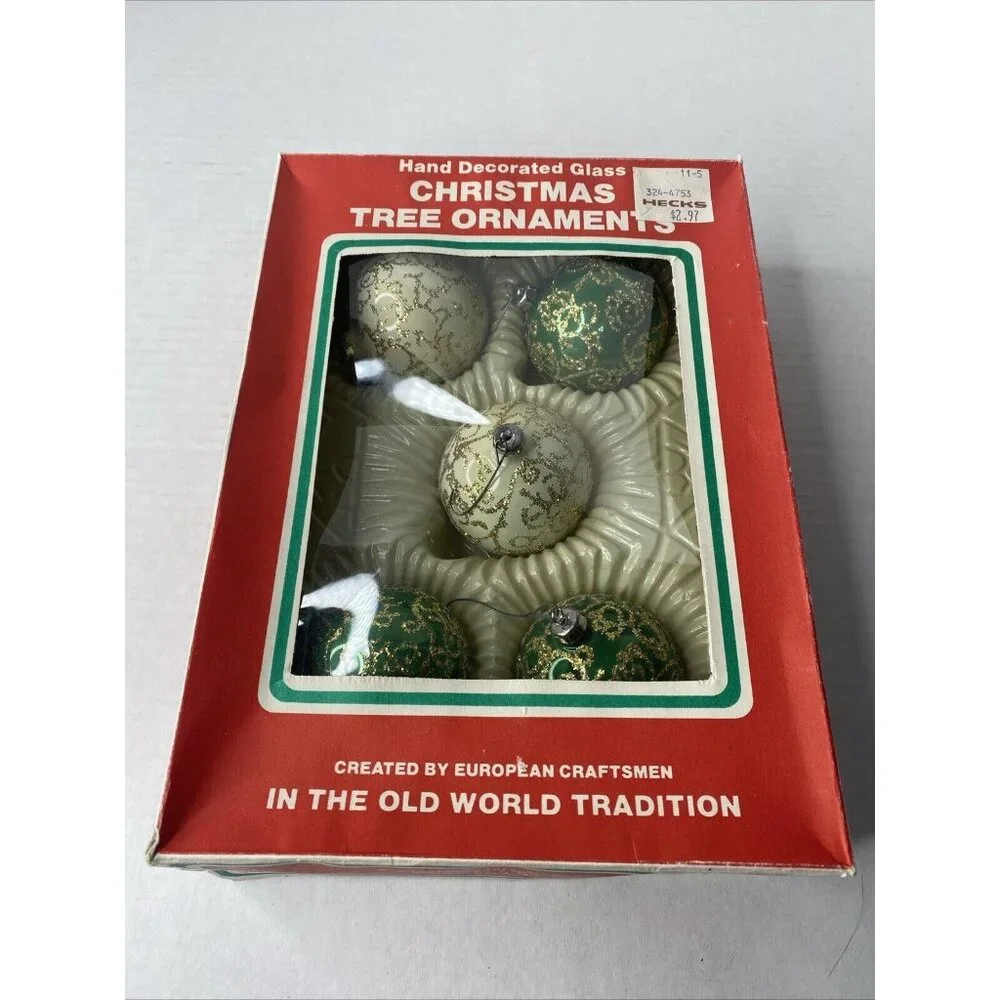 Vintage Commodore Mfg Christmas Ornaments Bulbs Original Box Romania Green White